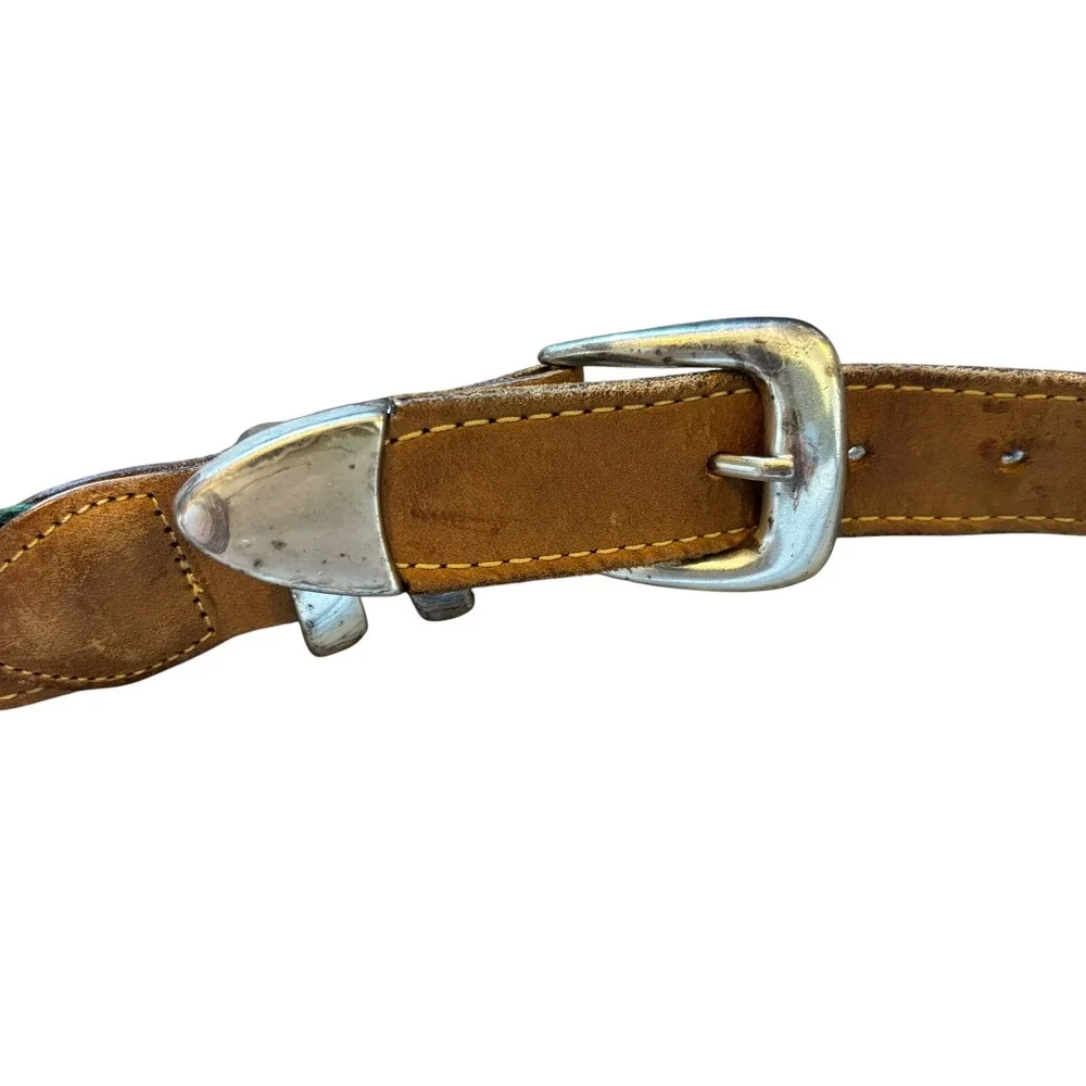 Vintage JTS Mahi Mahi Fish‎ Leather Webbing Belt Brown Green Mens 44 Made in USA